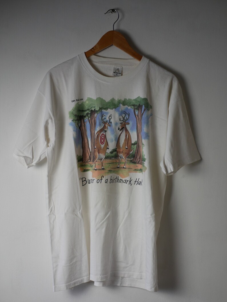 Made in USA \u2018Bummer of a Birthmark Far side official label Hal\u2019 Larson. 1986 The Far Side vintage white t-shirt
