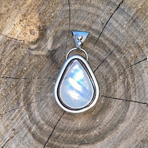 Sterling Silver Teardrop Shadowbox Rainbow Moonstone Necklace Pendant