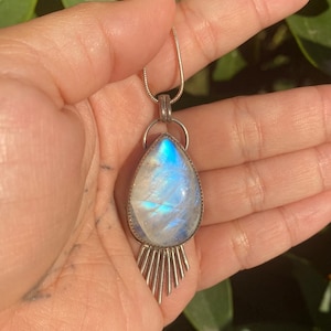 Large Fringe Moonstone Pendant - Teardrop Rainbow Moonstone Necklace