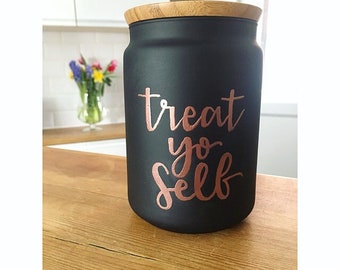 Hand-made, personalised calligraphy, embossed, kitchen storage jar