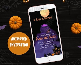 A Baby is Brewing Baby Shower Invitation, Animated, Halloween, Witch, Spooky, Invitations, Halloween Baby Shower Invitation, Evite, Invite