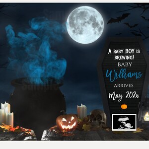 May include: A Halloween-themed baby announcement with a dark blue night sky, a full moon, and bats. A cauldron with blue smoke, a coffin-shaped announcement with text, a carved pumpkin, candles, and a skull are featured.