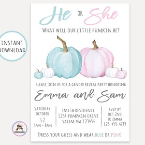 Editable, Thanksgiving Gender Reveal Invitation, Fall Gender Reveal Invitation, Printable Card, Invitations, What will our little Pumpkin be