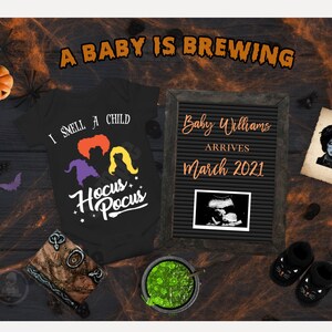 Bewerkbare, Hocus Pocus, Halloween zwangerschap aankondiging, baby onthullen, digitaal, sociale media, sjabloon, Facebook, november, herfst, herfst