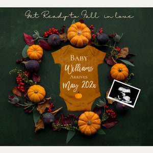 Bewerkbare, herfst zwangerschap aankondiging, digitaal, bosgroen, babyaankondiging, sociale media, Facebook, Onesie shirt, grootouders kaart