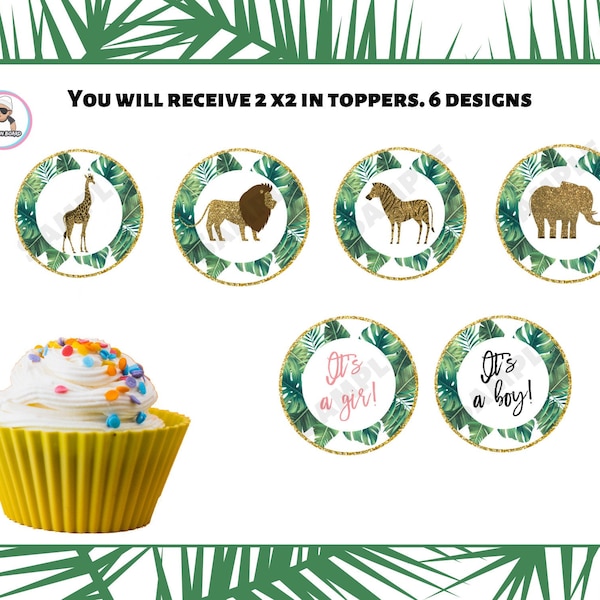 Safari Toppers, Cupcake, Cup Cake, Baby Shower, Birthday, Zoo, Animals, Boy, Girl,Jungle, Gold, Lion, Giraffe, Zebra, Elephant, Tropical