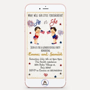 4th of July Gender Reveal Evite, Gender Reveal Invitation, Mobile Invitation, Red, White, Blue, Independence Day, Party, Editable, Template