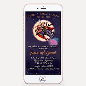Editable, Halloween Gender Reveal Invitation, Digital, Decorations, Witch or Wizard,  Evite, Winnie I Smell A Child, A Baby Is Brewing,