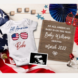 Editable, Anuncio de embarazo del 4 de julio, Digital, Redes sociales, Tarjeta, 4 de julio, Onesie, Camisa, All American Baby, Tablero de cartas,