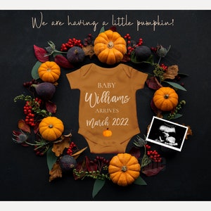 Wreath Fall Baby Pregnancy Announcement with onesie, for boy or girl, social media digital template, Thanksgiving, November Baby Announcemen image 1