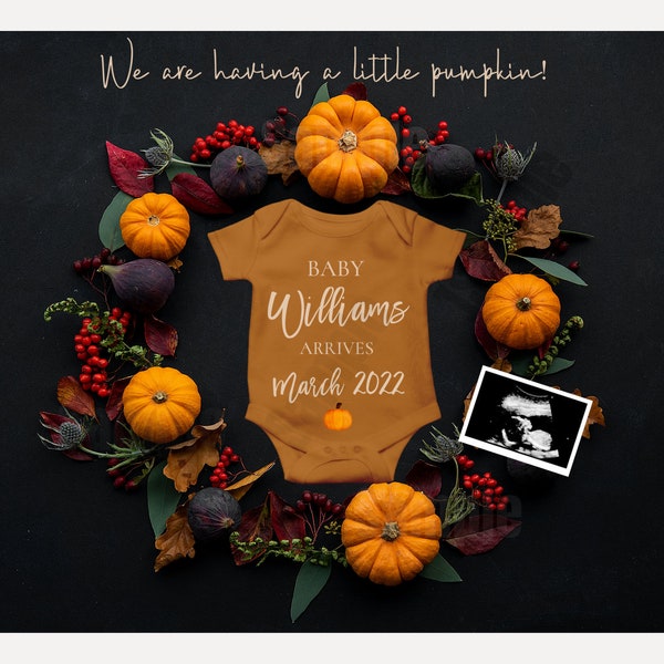 Wreath Fall Baby Pregnancy Announcement with onesie, for boy or girl, social media digital template, Thanksgiving, November Baby Announcemen