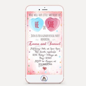 Bearbeitbar, Valentinstag Gender Reveal Einladung, Gespräch Hearts Gender Reveal, Invite, Evite, Was wird unser Schatz sein? Er oder Sie
