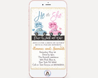 Drive By Gender Reveal Invitation, Evite, Drive Through, Honk, Beep, Wave, Template, Digital, Instant Download, Mobile, Quarantine, Invite