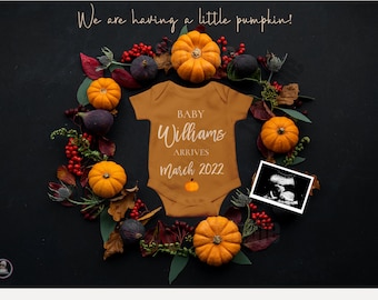 Wreath Fall Baby Pregnancy Announcement with onesie, for boy or girl, social media digital template, Thanksgiving, November Baby Announcemen