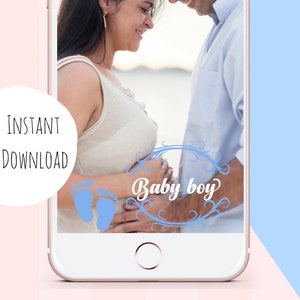 May include: A digital phone screen displaying a photo of a pregnant woman and a man with their foreheads touching. The photo is overlaid with blue confetti and a blue and white graphic that says "Baby boy" with two blue baby footprints.