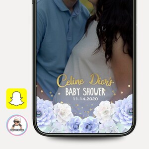 May include: A blue and white floral phone screen with gold confetti and the text "Celine Dior's Baby Shower 11.14.2020".