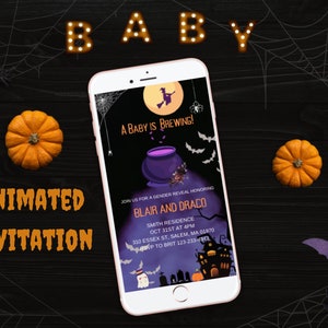 Halloween Gender Reveal Invitation Animated A Baby is Brewing Gender Reveal Invite Witch or Wizard Invitation Idea Spooky Evite