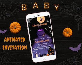 Halloween Gender Reveal Invitation Animated A Baby is Brewing Gender Reveal Invite Witch or Wizard Invitation Idea Spooky Evite