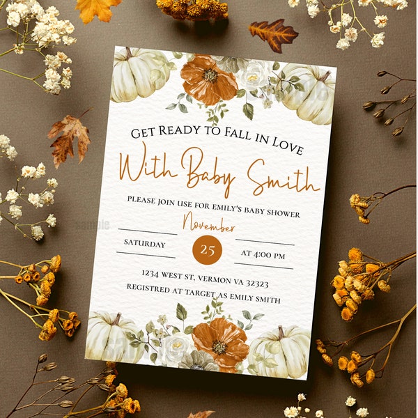 Get Ready To Fall In Love Baby Shower Invitation, Fall Baby Shower Invitation, Boy, Girl, Printable Template, Invite, Thanksgiving Invitatio