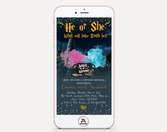 Editable Witch or Wizard Gender Reveal Decorations Invitation Electronic Invite Evite, A Baby is Brewing Instant Download Template He or She
