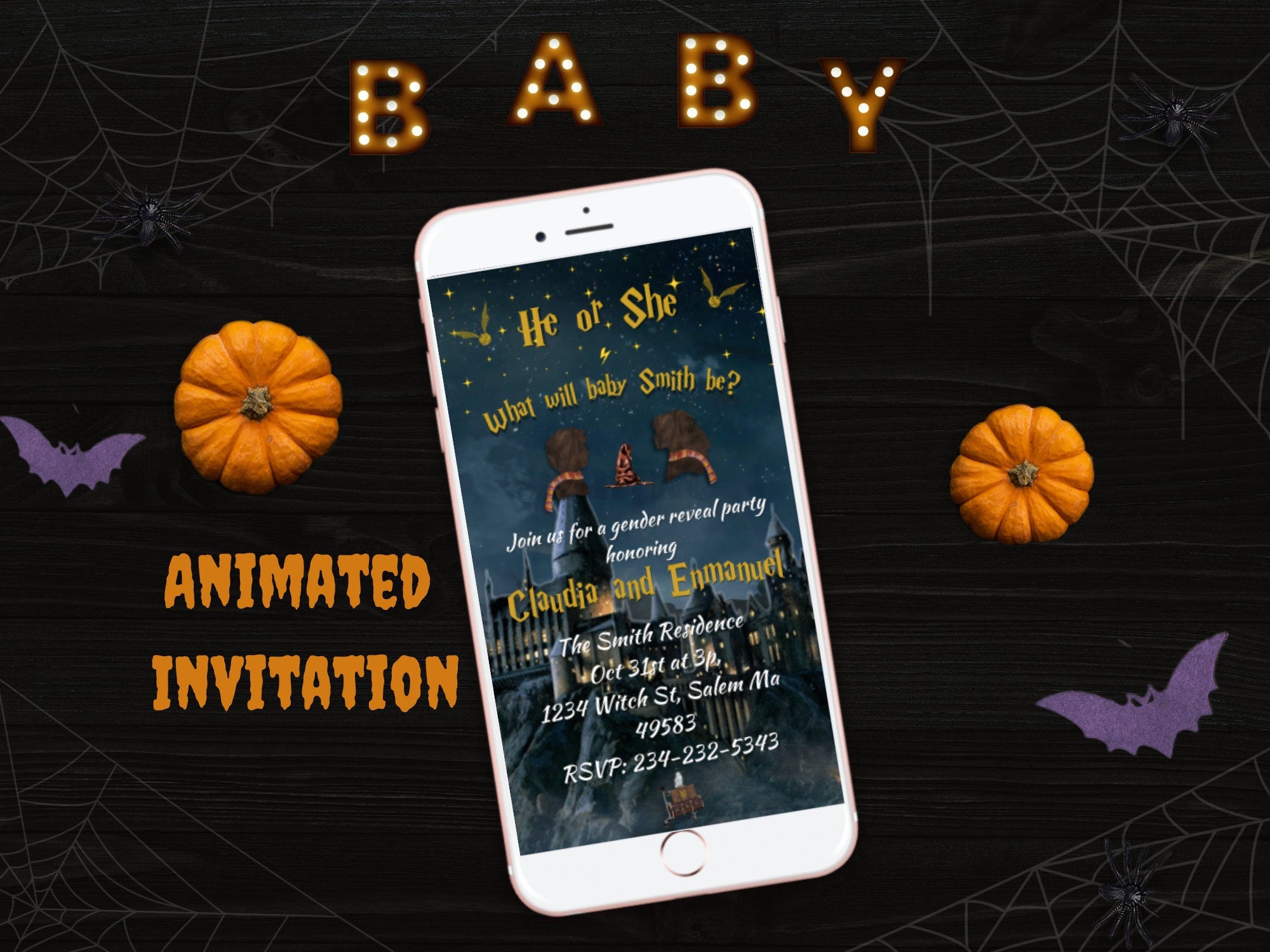 Halloween Gender Reveal Invitation Witch or Wizard Gender Reveal Invitation Animated Invitation Invite Evite He or She