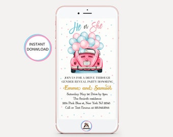 Drive By Gender Reveal Invitation, Car, Evite, Instant Download, Digital, Mobile, Template, Decorations, Quarantine, Text Invitation,