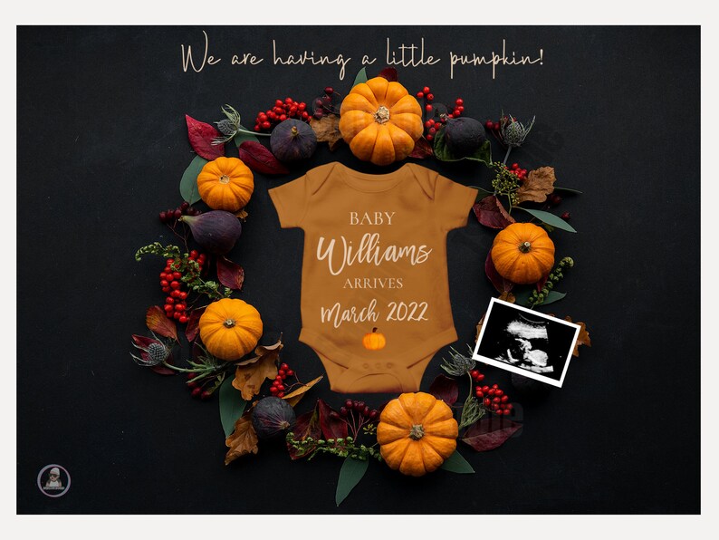 Wreath Fall Baby Pregnancy Announcement with onesie, for boy or girl, social media digital template, Thanksgiving, November Baby Announcemen image 1