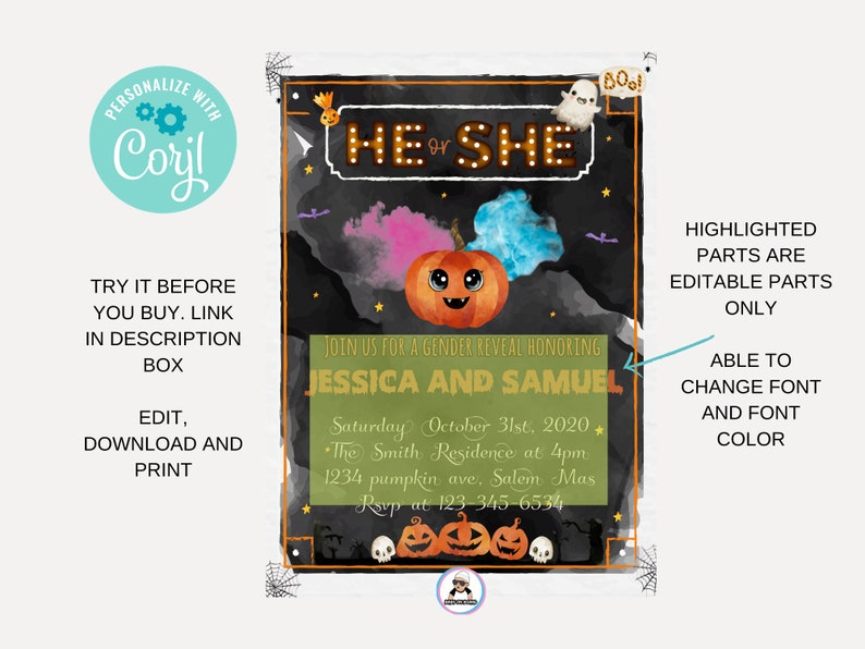 Halloween Gender Reveal Invitation fall Digital Template - Etsy