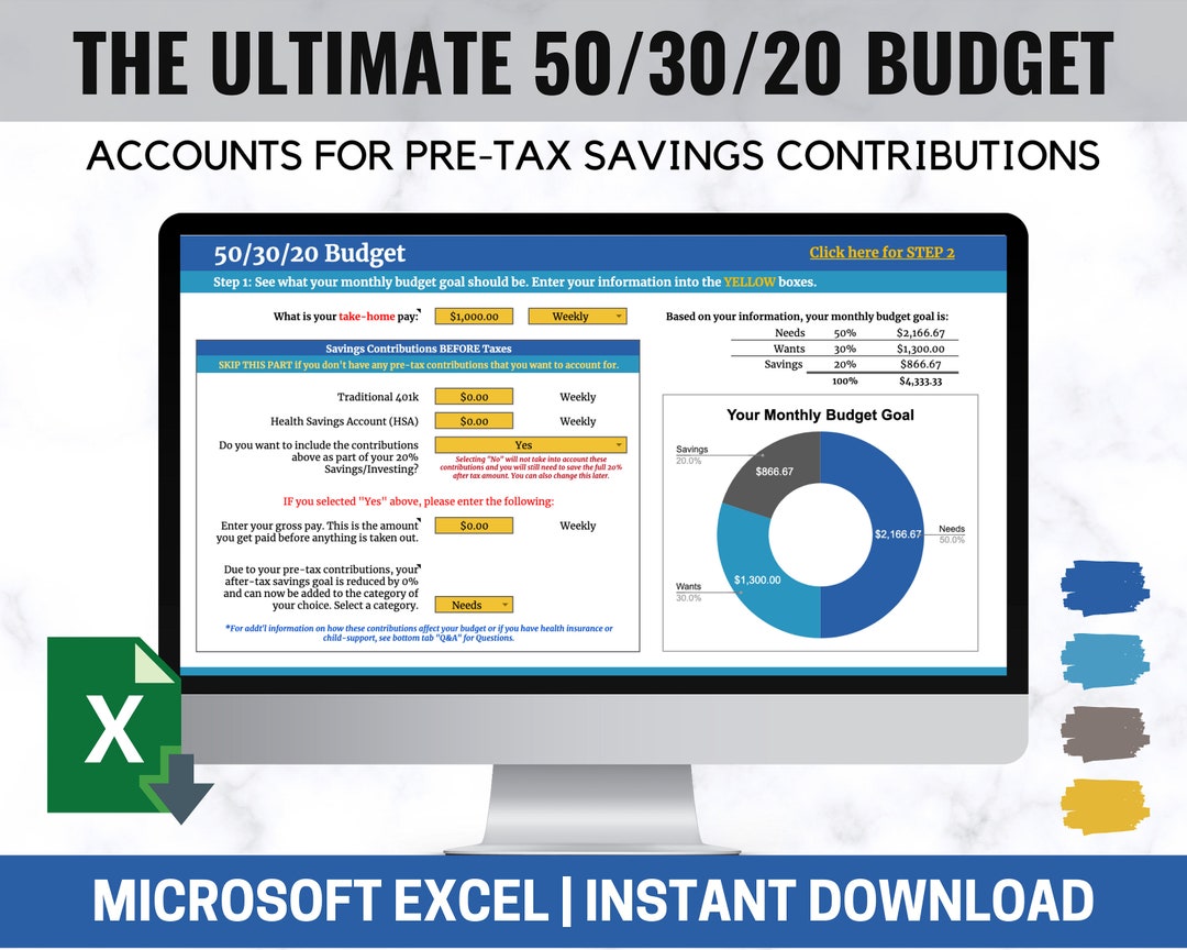 50/30/20 Budgeting Template Budget Goal Calculator Microsoft Excel 50/30/20 Budgeting Template Budget Goal Calculator Microsoft Excel