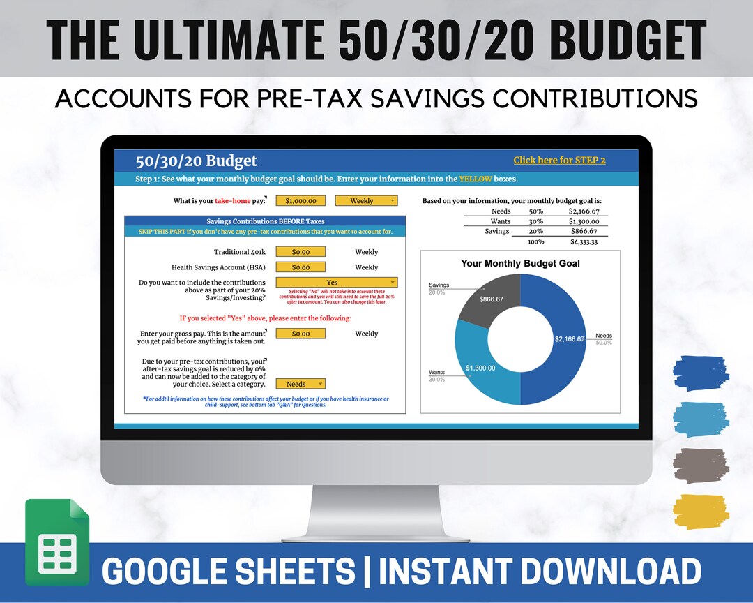 50/30/20 Budgeting Template Budget Goal Calculator Googlesheets Digital