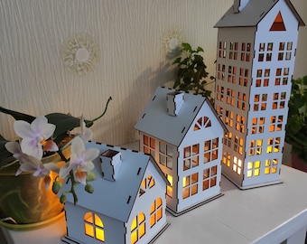 Christmas village houses Set of 3 Wooden Christmas Houses with LED Lights Apartment decor Table centerpiece Christmas presents for friends