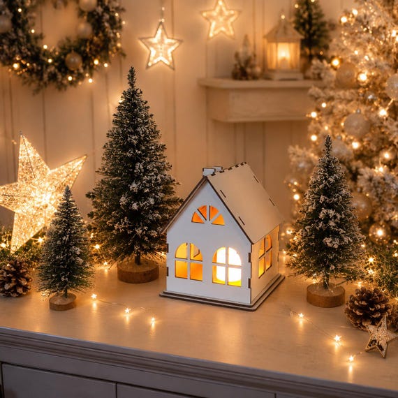 Weihnachtsdorfhäuser, hölzernes Weihnachtshaus mit LED-Beleuchtung, Tischdekoration, Weihnachtsgeschenke, Puppenhaus-Weihnachtsbeleuchtung