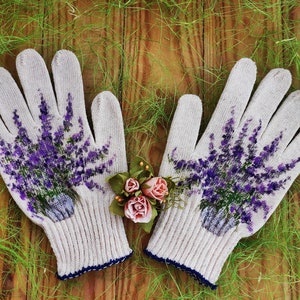 Gardening gloves Garden cotton gloves for women Lavender Handpainted Plant lover gift Christmas presents Outdoor planter Stepmom gift image 10
