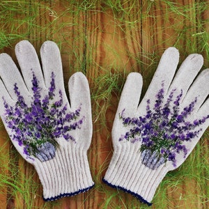 Gants de jardinage Gants de jardin en coton pour femme Cadeau pour amoureux des plantes peint à la main lavande Cadeaux de Noël Jardinière d'extérieur Cadeau belle-mère image 4