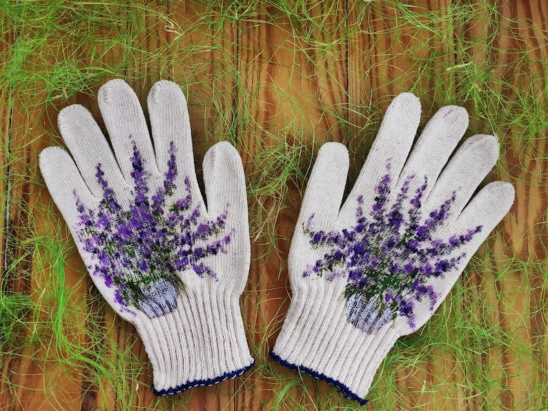 Gardening gloves Garden cotton gloves for women Lavender Handpainted Plant lover gift Christmas presents Outdoor planter Stepmom gift image 4