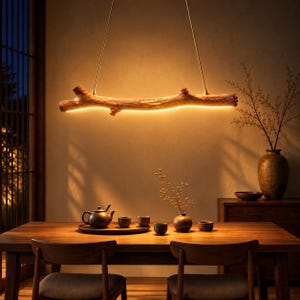 May include: A linear pendant light fixture crafted from a natural wooden branch, suspended by two thin metal rods. The underside of the branch features an integrated LED strip that emits a warm, golden glow, illuminating the dining table below.