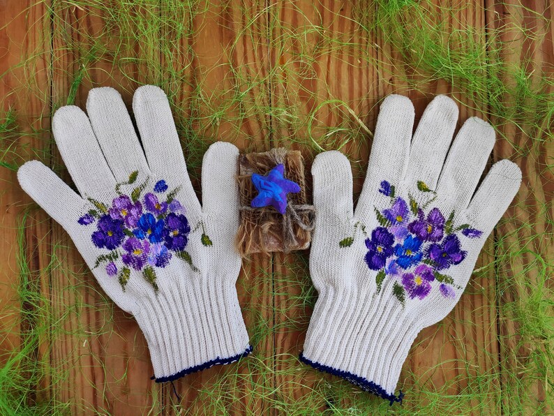 Gants de jardin Art de pensée Gants en coton Peints à la main, cadeau de belle-mère, cadeau pour amoureux des plantes, cadeaux pour maman, cadeau pour les amoureux du jardin, cadeaux d'anniversaire image 2