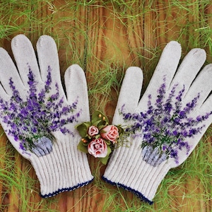 Gardening gloves Garden cotton gloves for women Lavender Handpainted Plant lover gift Christmas presents Outdoor planter Stepmom gift imagem 1