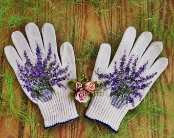 Gants de jardinage Gants de jardin en coton pour femme Cadeau pour amoureux des plantes peint à la main lavande Cadeaux de Noël Jardinière d'extérieur Cadeau belle-mère