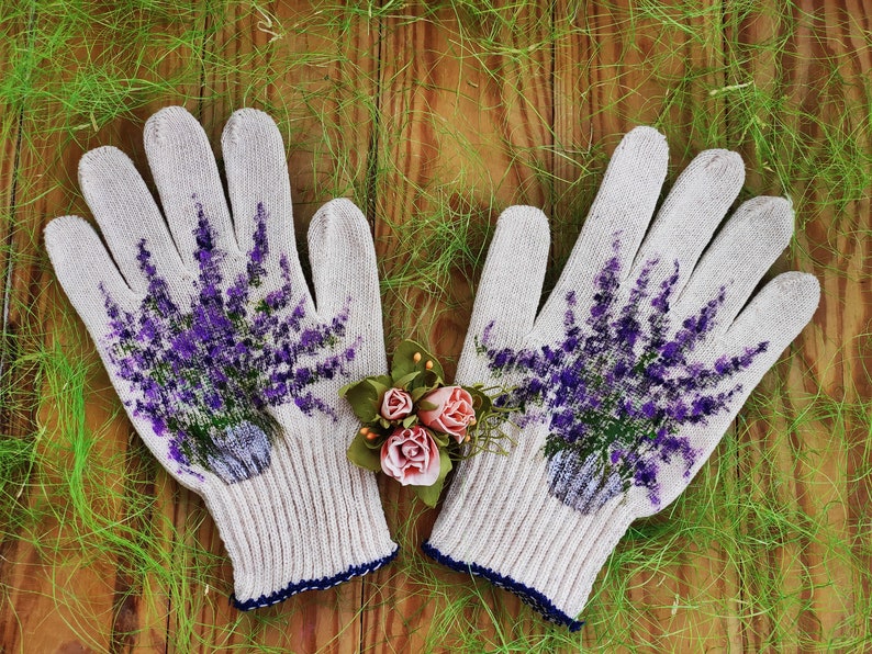 Gardening gloves Garden cotton gloves for women Lavender Handpainted Plant lover gift Christmas presents Outdoor planter Stepmom gift image 1