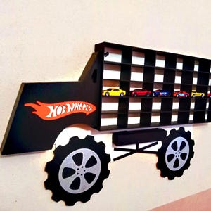 Monster truck storage Hot wheels garage Toy car storage Toddler boy gift Car storage black Wall car displayKids truck storage