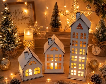 Christmas village houses Set of 3 Wooden Christmas Houses with LED Lights  Christmas table centerpiece Winter village  Apartment decor
