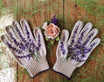 Gardening gloves Easter presents for mom Garden cotton gloves for women Floral Lavender Handpainted Plant lover gift Outdoor planter