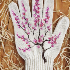 Garden gloves Handpainted Plant lover gift Sakura blossom Womens cotton gloves Plant mom gift Garden lovers gift Presents for mom 画像 2