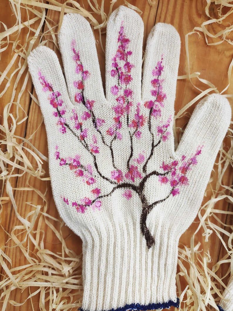 Garten Handschuhe handbemalt Pflanze Liebhaber Geschenk Sakura Blüte Damen Baumwollhandschuhe Pflanze Mama Geschenk Gartenliebhaber Geschenk Geschenke für Mama Bild 2