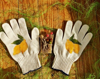 Garden gloves Lemon cotton gloves Handpainted Plant lover gift Friendsgiving gift Lemon Garden lovers gift Birthday presents Neighbor gift