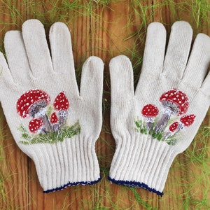 Garden gloves Mushroom decor Cotton gloves Handpainted Christmas presents Plant lover gift Mushroom art Garden lovers gift Birthday presents image 3