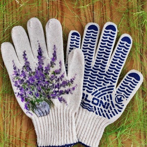 Gants de jardinage Gants de jardin en coton pour femme Cadeau pour amoureux des plantes peint à la main lavande Cadeaux de Noël Jardinière d'extérieur Cadeau belle-mère image 2