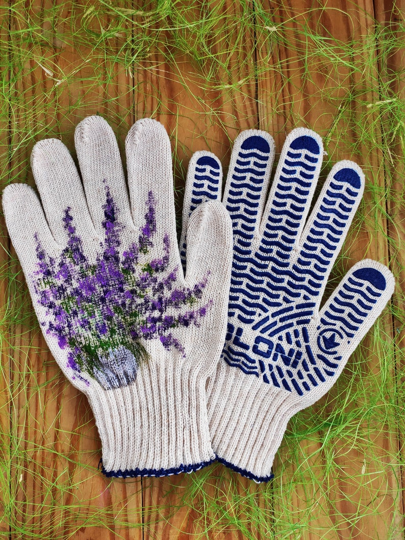 Gants de jardinage Gants de jardin en coton pour femme Cadeau pour amoureux des plantes peint à la main lavande Cadeaux de Noël Jardinière d'extérieur Cadeau belle-mère image 2