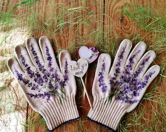 Guantes de jardinería nuevos guantes de jardín de lavanda para mujeres Pintado a mano Regalo amante de las plantas Guantes de algodón Planta mamá regalo Jardinera al aire libre Mamá presenta